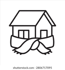 Insulating a house, linear icon. The house in a scarf. Interpretation of home insulation. Line with editable stroke.