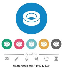 Insulating tape flat white icons on round color backgrounds. 6 bonus icons included.