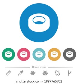 Insulating tape flat white icons on round color backgrounds. 6 bonus icons included.