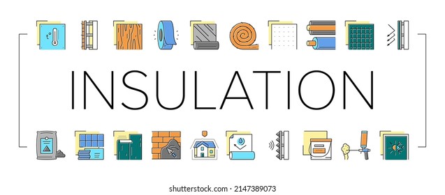 Kollektionssymbole für Isolationsaufbau setzen Vektorgrafik ein. Isoliermaterial und HolzSperrholz, wasserdichte und temperaturbehaltende Farbtongrafiken