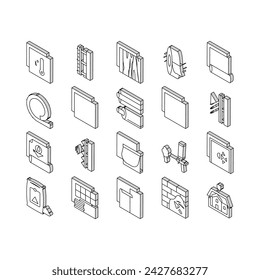 Icons für die isometrische Isolationsgebäudesammlung festgelegt. Isolierrollenmaterial und Holz Sperrholz, wasserdicht und Temperaturerhaltungsschicht Farbkontur .