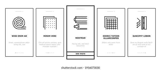 Isolierungsbau Onboarding Mobile App Page Vector. Isoliermaterial und HolzSperrholz, wasserdichte und temperaturerhaltende Ebenenillustrationen