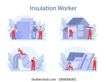 Insulation concept set. Thermal or acoustic insulation. Construction industry, Worker putting insulation materials. Construction service, house renovation. Isolated flat vector illustration