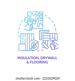 Insulation, drywall and flooring blue gradient concept icon. Construction works. Phase of home building abstract idea thin line illustration. Isolated outline drawing. Myriad Pro-Bold font used
