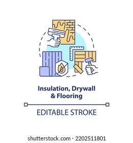 Insulation, drywall and flooring concept icon. Phase of home building abstract idea thin line illustration. Isolated outline drawing. Editable stroke. Arial, Myriad Pro-Bold fonts used