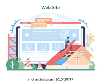 Insulation online service or platform. Thermal or acoustic insulation. Worker putting insulation materials. House renovation. Website. Flat vector illustration