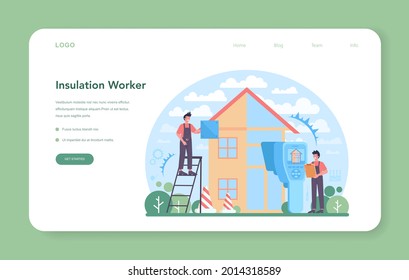 Insulation web banner or landing page. Thermal or acoustic insulation. Worker putting insulation materials. Construction service, house renovation. Isolated flat vector illustration