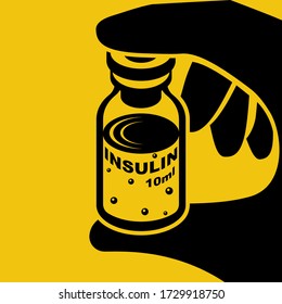 Insulin Ampoule Hold In Hand Glyph Icon. Black Silhouette Medical Vaccine. Bottle Of Solution. Vector Illustration Flat Design. Isolated On Yellow Background. Dosage For Diabetics. Medical Preparation