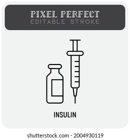 Insulin: ampoule and syringe. Thin line icon. Medical treatment for diabetes. Pixel perfect, editable stroke. Vector illustration.