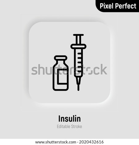 Insulin: ampoule and syringe. Thin line icon. Medical treatment for diabetes. Pixel perfect, editable stroke. Vector illustration.