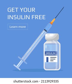 Insulin control vector. Get your Insulin injection free, a syringe for diabetics. Syringe with vaccine bottle. Treatment diabetes of type 2, awareness month, week.