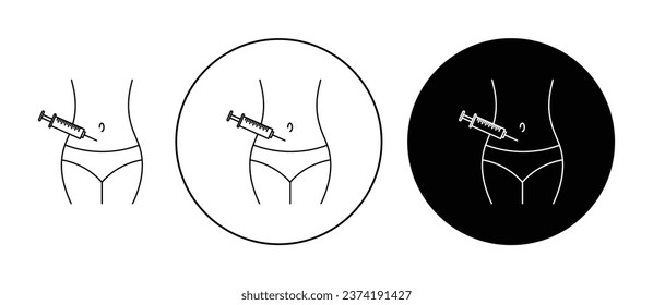 Insulin injecting line icon set. Vaccine injection syringe symbol. Inject flu shot sign. Diabetes injection symbol in black filled and outlined style.