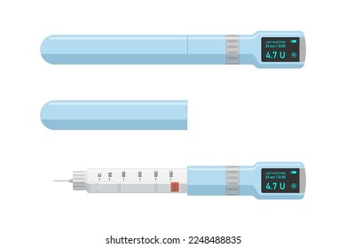 Insulin injection electronic digital pen. Hormone ampoule inside high tech syringe. Diabetes control status screen on modern technology injector. Diabetic patients medical device. Blood glucose care