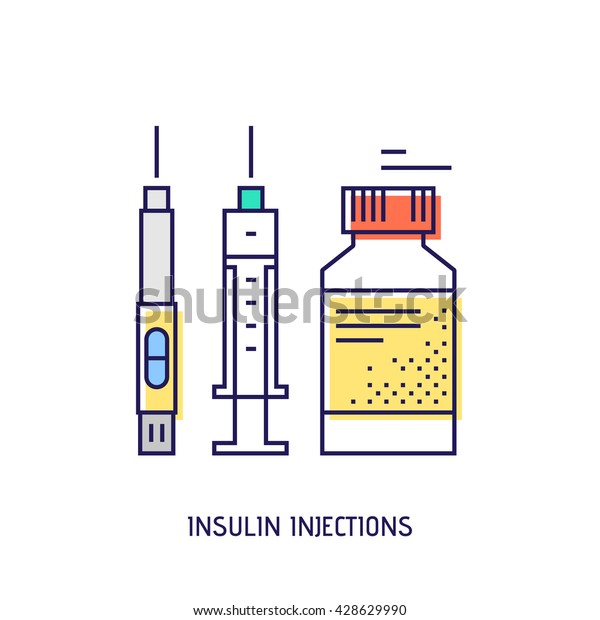 インスリン注射のアイコン 糖尿病のベクター画像の細い線のアイコン プレミアム品質のアウトライン記号 フラットデザインのベクターイラスト のベクター画像素材 ロイヤリティフリー