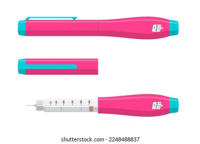 Insulin injection pen set open and closed. Hormone ampoule inside pink color syringe. Diabetes control injector. Medical device for diabetic patients. Medicine shot for high blood sugar people. Vector