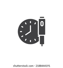 Insulin injection time vector icon. filled flat sign for mobile concept and web design. Insulin pen and clock glyph icon. Symbol, logo illustration. Vector graphics