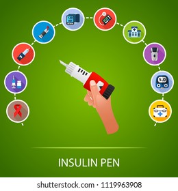 Insulin pen flat icons concept. Vector illustration. Element template for design.