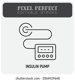 Insulin pump. Medical device for diabetes therapy. Pixel perfect, editable stroke. Vector illustration.