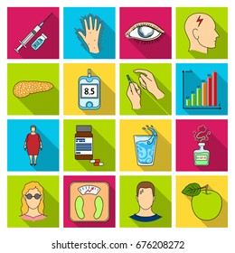 Insulin, sugar, level, analysis, diet and other attributes. Diabetes set collection icons in flat style vector symbol stock illustration web.