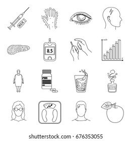 Insulin, sugar, level, analysis, diet and other attributes. Diabetes set collection icons in line style vector symbol stock illustration web.