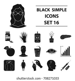 Insulin, sugar, level, analysis, diet and other attributes. Diabetes set collection icons in black style vector symbol stock illustration web.