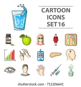Insulin, sugar, level, analysis, diet and other attributes. Diabetes set collection icons in cartoon style vector symbol stock illustration web.