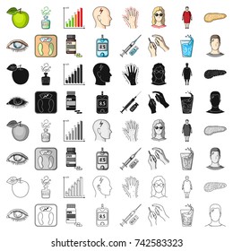 Insulin, sugar, level, analysis, diet and other attributes. Diabetes set collection icons in cartoon style vector symbol stock illustration web.