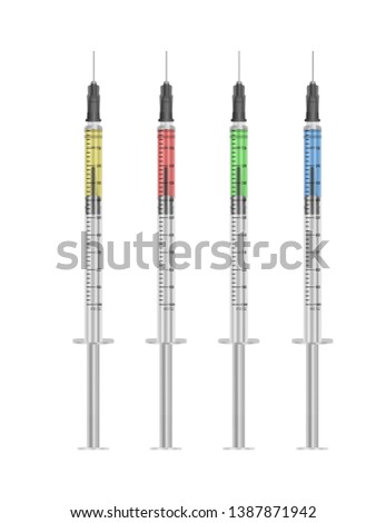 Insulin syringe 0.5 ml with multi-colored liquids on a white background. Realistic vector EPS 10 illustration