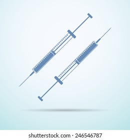 insulin syringe flat icon with shadow on blue background.