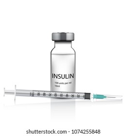 Insulin syringe with glass medical vial, isolated on white