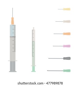 Insulin syringe and syringe with needle. Set of needles for syringe. Vector illustration.