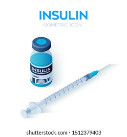 Insulin Vial and Disposable Syringe isometric icon. Insulin ampule. Control your Diabetes. Concept of vaccination, injection. Created For Mobile, Web, Decor, Application. Vector Illustration.