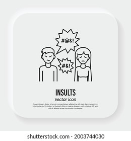 Insults, hate, bullying. Thin line icon. Aggressive behaviour to women from man. Abuse in family. Social problem. Vector illustration.