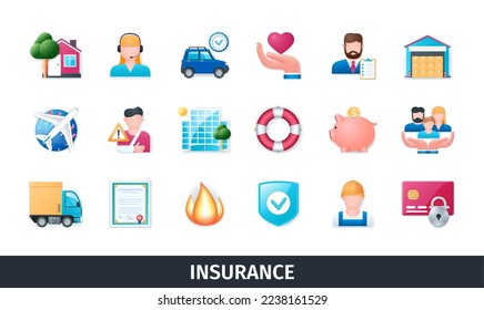 Insurance 3d vector icon set. Support, agent, business, car, accident, fire, protection, property, house, finance. Realistic objects in 3D style