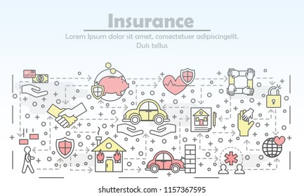 Insurance advertising poster banner template. Life, health, property, deposit insurance symbols. Vector thin line art flat style design elements, icons for web banners and printed materials.