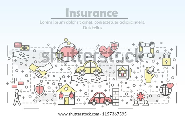 Insurance
advertising poster banner template. Life, health, property, deposit
insurance symbols. Vector thin line art flat style design elements,
icons for web banners and printed
materials.