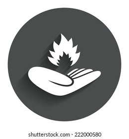 Insurance against fire sign icon. Hand holds fire flame symbol. Circle flat button with shadow. Modern UI website navigation. Vector