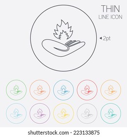 Insurance against fire sign icon. Hand holds fire flame symbol. Thin line circle web icons with outline. Vector