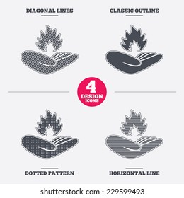 Insurance against fire sign icon. Hand holds fire flame symbol. Diagonal and horizontal lines, classic outline, dotted texture. Pattern design icons.  Vector