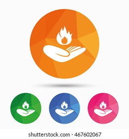 Insurance against fire sign icon. Hand holds fire flame symbol. Triangular low poly button with flat icon. Vector