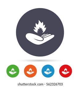 Insurance against fire sign icon. Hand holds fire flame symbol. Round colourful buttons with flat icons. Vector