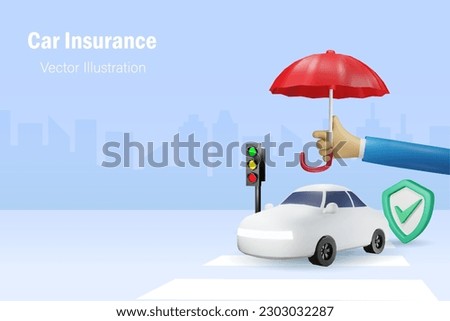 Insurance agency hand holding red umbrella to protect car on street. Car and vehicle insurance concept. 3D vector.
