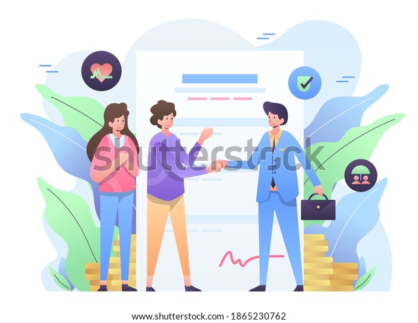 Insurance Agency Illustration, An Agent\
Signing Insurance Deal with Client. This illustration can be use\
for website, landing page, web, app, and\
banner.