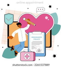 Insurance agent or broker online service or platform. Security and protection of property and life from damage. Online appointment. Flat vector illustration