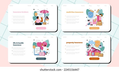 Insurance agent or broker web banner or landing page set. Idea of security and protection of property and life from damage. Healthcare and medical service cost coverage. Flat vector illustration