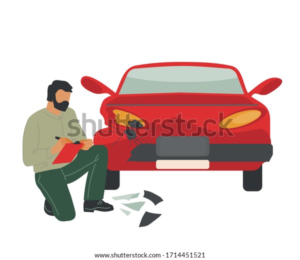Insurance agent or car crash inspector\
expertise vehicle after road accident. Automobile damage inspection\
and registration. Cars diagnostics and service of roadside\
assistance. Vector\
illustration.