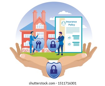Insurance Agent and Client Reliably Insure Home. Insurance Policy. Vector Illustration. Reliable Protection. Men in Blue Suits. Insurance Case. Employee Company and Client. Insured Property.