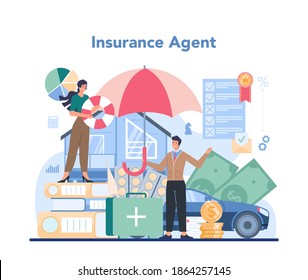 Insurance agent concept. Idea of protection of property and life from damage. Damage appraisal and contract formation. Medical service. Isolated flat vector illustration