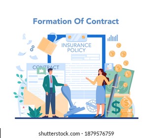 Concepto de agente de seguros. Idea de protección de los bienes y la vida frente a los daños. Formación del contrato. Servicio médico. Ilustración vectorial plana aislada