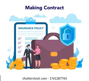 Insurance agent concept. Idea of security and protection of property and life from damage. Healthcare and medical service. Isolated flat vector illustration